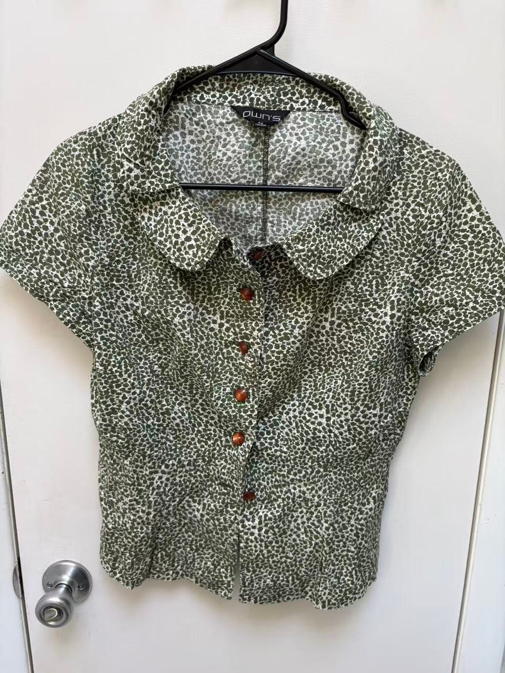 OWNS Green Leopard Print Peter Pan Collar Blouse Cottagecore Slim Fit Shirt S
